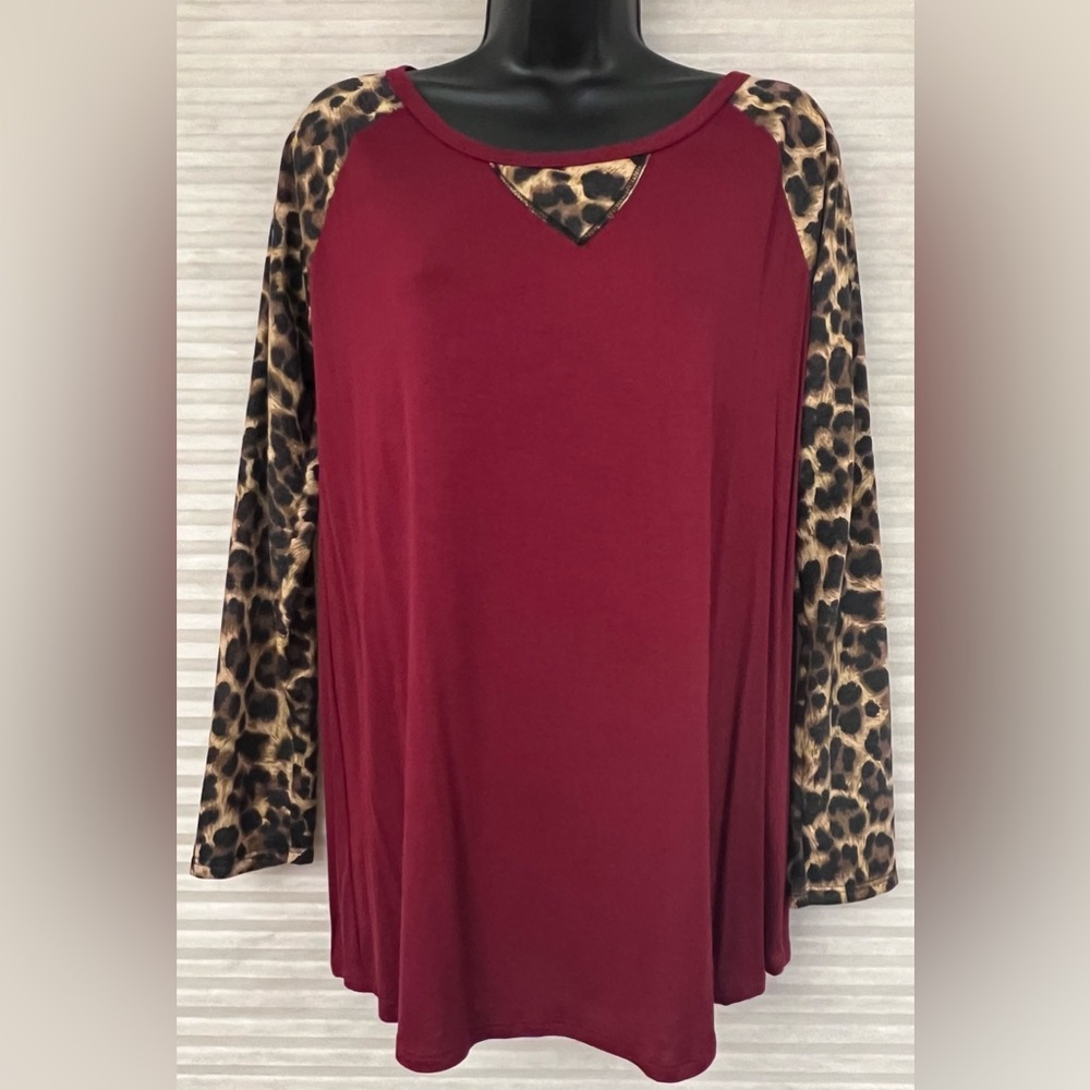 BIBI Long Sleeve Burgundy Shirt with Leopard Sleeves Size Small NEW